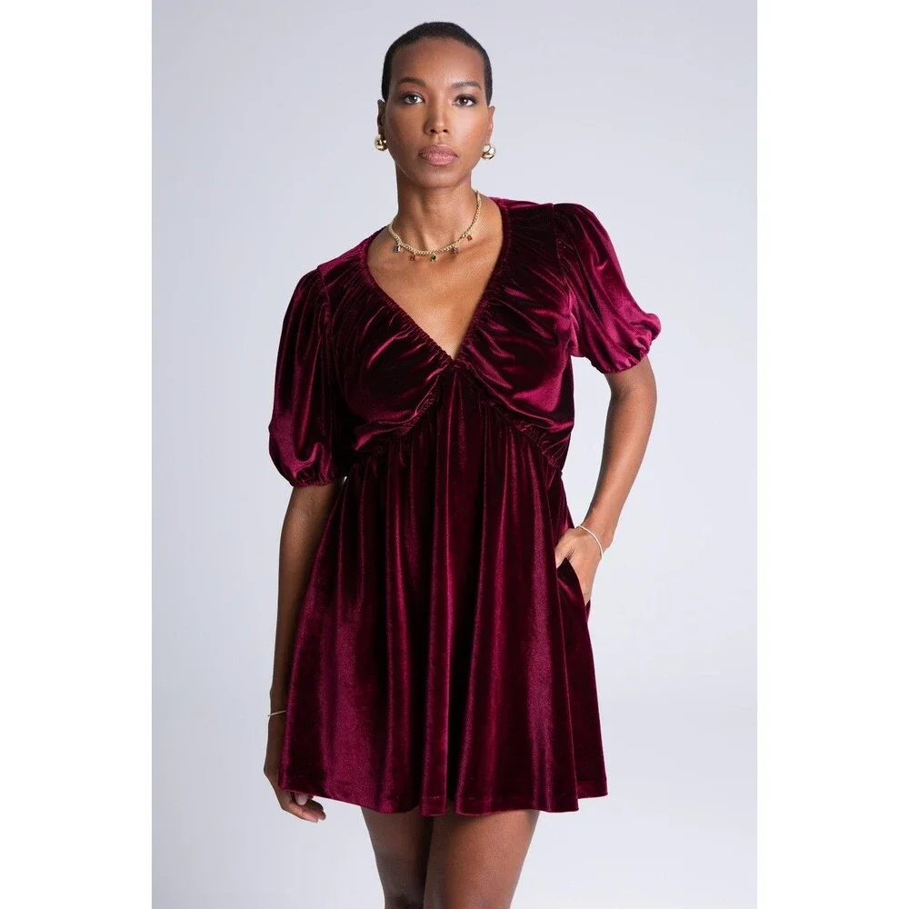 Georgie Red Velvet Mini Dress Puffed Sleeve Romantic Valentines Date Night Vamp - Picture 9 of 11